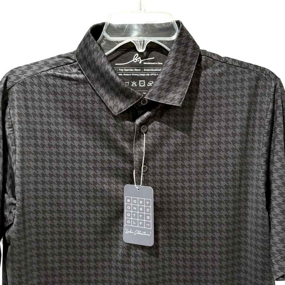 Boston Scott Golf Polo Shirt Mens Small Black Houndstooth Modern Fit‎ Golf